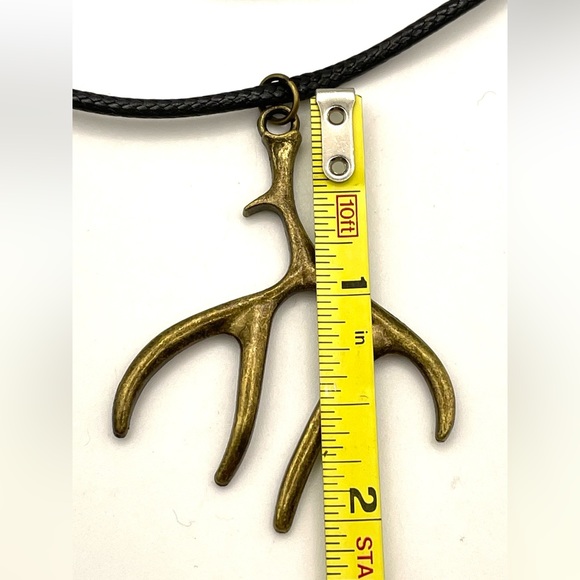 Bronze Tone Deer Antler Pendant on Black Cord Necklace 16” - Picture 4 of 7